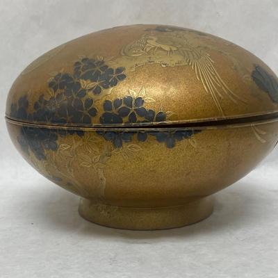 Vintage Japanese Traditional Wood Sandals and Gold-Colored Lacquered Wood Maki-e Bowl