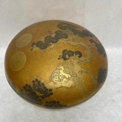 Vintage Japanese Traditional Wood Sandals and Gold-Colored Lacquered Wood Maki-e Bowl