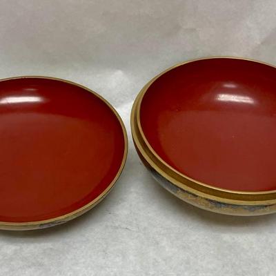 Vintage Japanese Traditional Wood Sandals and Gold-Colored Lacquered Wood Maki-e Bowl