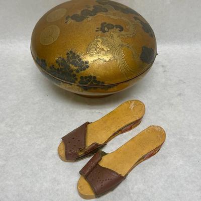 Vintage Japanese Traditional Wood Sandals and Gold-Colored Lacquered Wood Maki-e Bowl