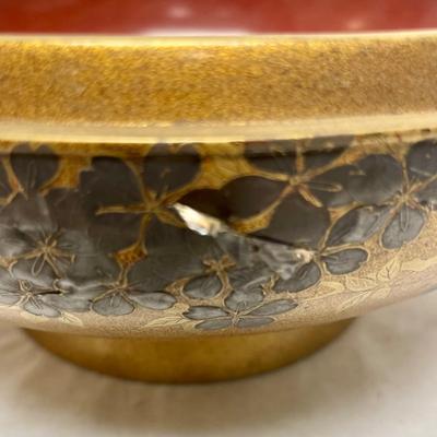 Vintage Japanese Traditional Wood Sandals and Gold-Colored Lacquered Wood Maki-e Bowl