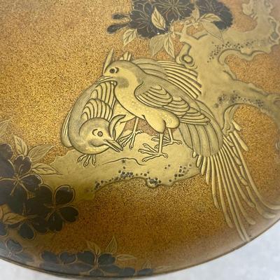 Vintage Japanese Traditional Wood Sandals and Gold-Colored Lacquered Wood Maki-e Bowl