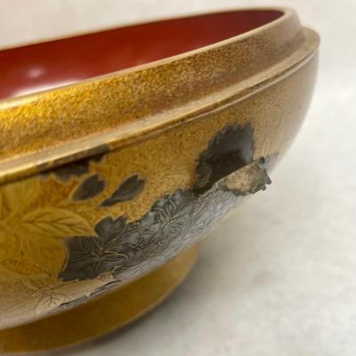 Vintage Japanese Traditional Wood Sandals and Gold-Colored Lacquered Wood Maki-e Bowl