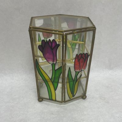 Small Brass & Glass Display Cabinet with Stained Glass Flowers