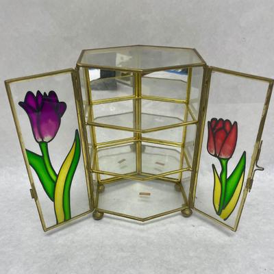 Small Brass & Glass Display Cabinet with Stained Glass Flowers