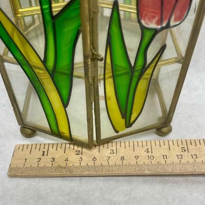 Small Brass & Glass Display Cabinet with Stained Glass Flowers