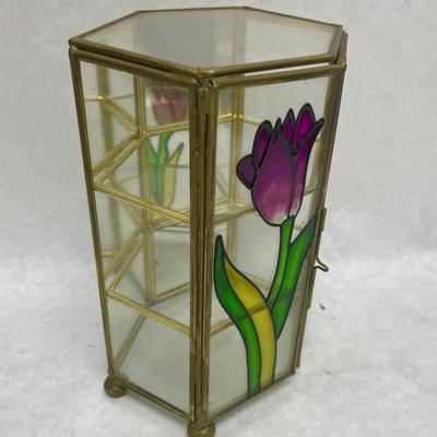 Small Brass & Glass Display Cabinet with Stained Glass Flowers