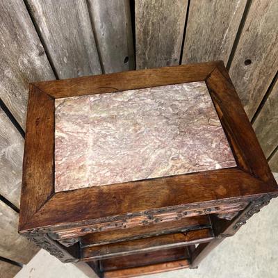 19th Century Asian Carved Wooden and Marble Side Table or Stand