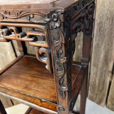 19th Century Asian Carved Wooden and Marble Side Table or Stand