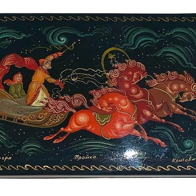 Vintage Russian Troika Hinged Lacquered Box - Horses/Sleigh