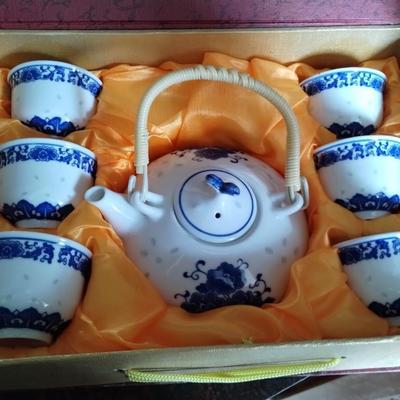8 Pcs Tea Set, White with Cobalt Blue, Chinese Scene w/ Fancy Gift Box