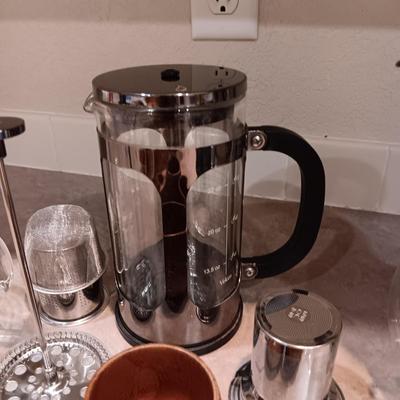 FRENCH COFFEE PRESS, CAST IRON TEAPOT AND OTHER COFFEE ITEMS