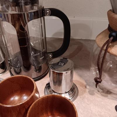 FRENCH COFFEE PRESS, CAST IRON TEAPOT AND OTHER COFFEE ITEMS