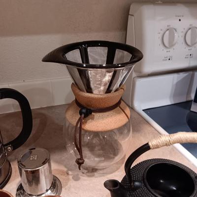 FRENCH COFFEE PRESS, CAST IRON TEAPOT AND OTHER COFFEE ITEMS