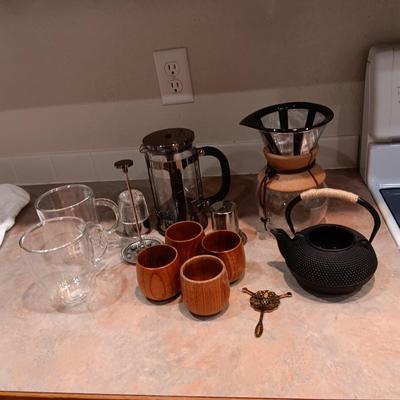 FRENCH COFFEE PRESS, CAST IRON TEAPOT AND OTHER COFFEE ITEMS