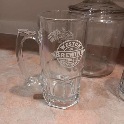GLASS CANISTER, BIG GLASS MUGS, SALT MILL AND PITCHER