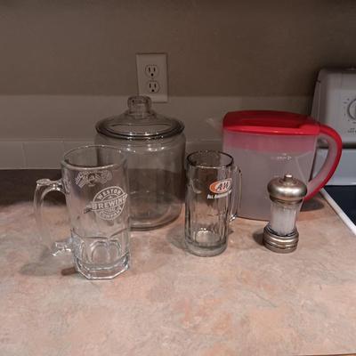 GLASS CANISTER, BIG GLASS MUGS, SALT MILL AND PITCHER