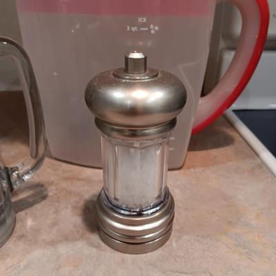 GLASS CANISTER, BIG GLASS MUGS, SALT MILL AND PITCHER