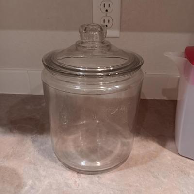 GLASS CANISTER, BIG GLASS MUGS, SALT MILL AND PITCHER