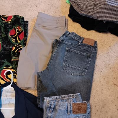 MEN'S XL JACKETS, SWIM TRUNKS, 36X30 JEANS