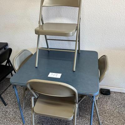 Blue Card Table W/4 Brown Chairs