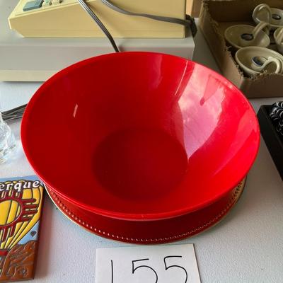 2 Red Plastic Serving Bowls, 1 Large Bronze Plate 