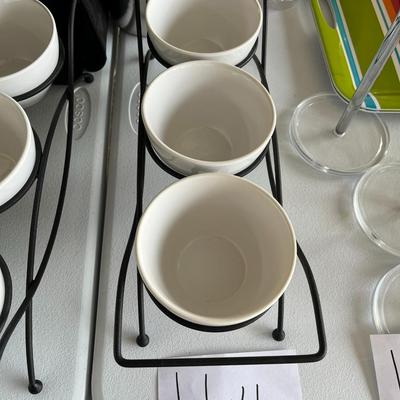 3 White Salsa Serving Cups W/Stand