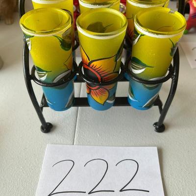6 Yellow/Blue Floral Tall Shot Glasses W/Holder