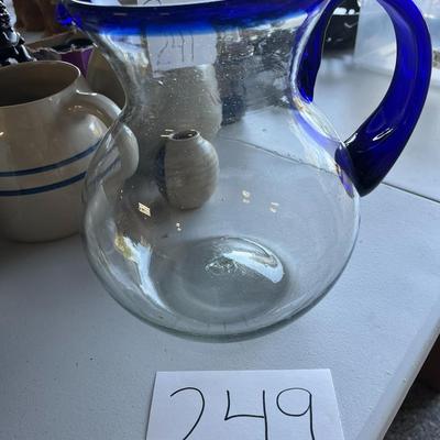 Glass Pitcher W/Blue Handle & Top