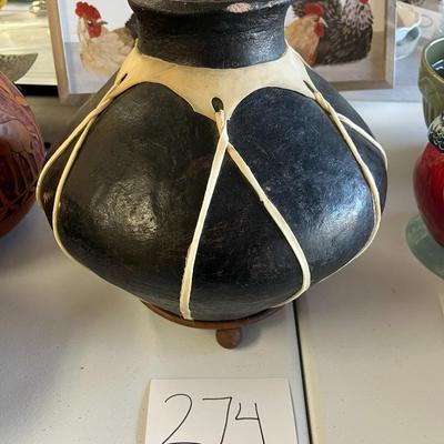 Black Clay Vase W/White Leather On Stand