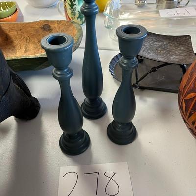 3 Blue Taper Candle Holders, Wood