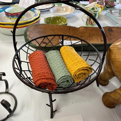 Orange/Green/Yellow Kitchen Towels W/Bird Decorative Metal Basket