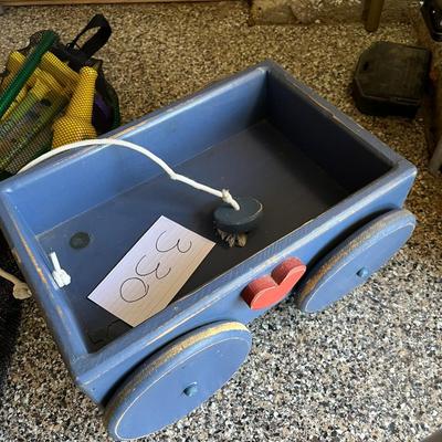 Small Blue Wood, Red Heart Toy Wagon