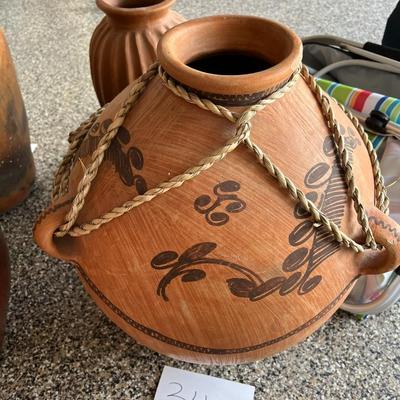 Large Brown Clay Vase W/Rope & Detail 