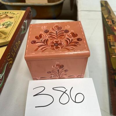 Wood Peach Colored Box W/Hand Painted Flowers
