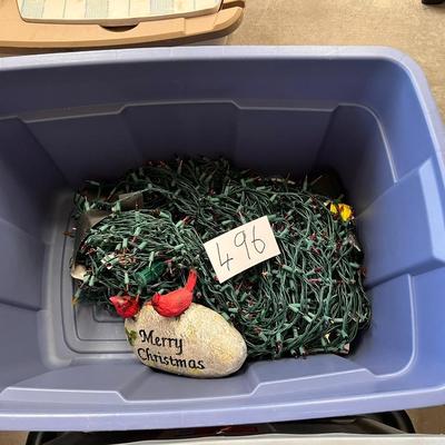 Vareity Of Christmas Lights In Tote & Merry Christmas Garden Stone