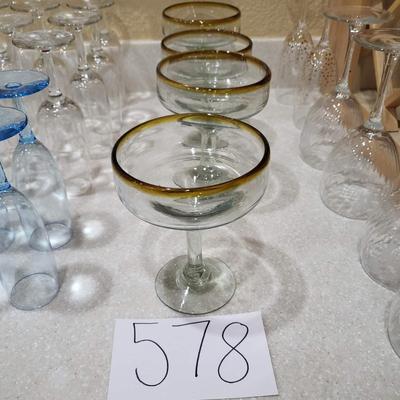 4 Brown Rim Clear Margarita Glasses