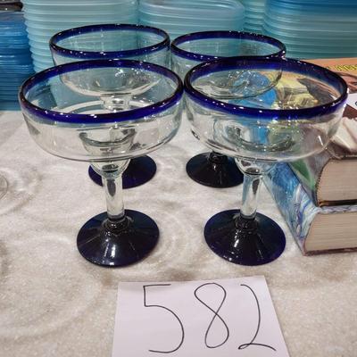 4 Blue Rimmed Margarita Glasses