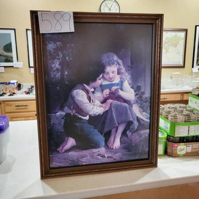 Vintage Picture Of Girl Sewing & Boy Watching
