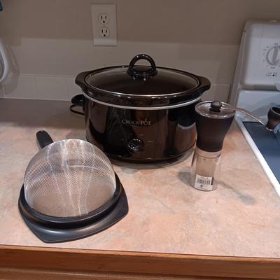 CROCK POT, HAND GRINDER AND STRAINER