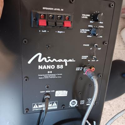 MIRAGE NANO S8 AND 2 MIRAGE NANOSAT SPEAKERS ON ADJUSTABLE HEIGHT STANDS