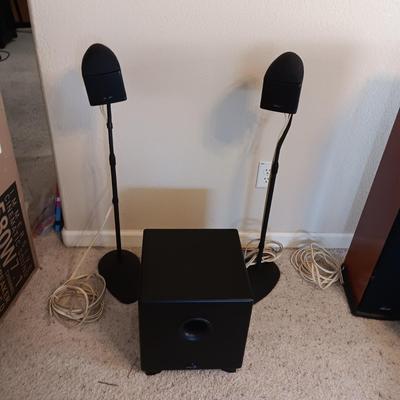 MIRAGE NANO S8 AND 2 MIRAGE NANOSAT SPEAKERS ON ADJUSTABLE HEIGHT STANDS