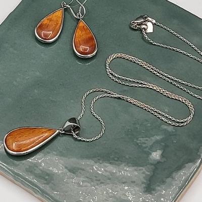 Petrified Wood Sterling Necklace & Earring Set 10.3gr