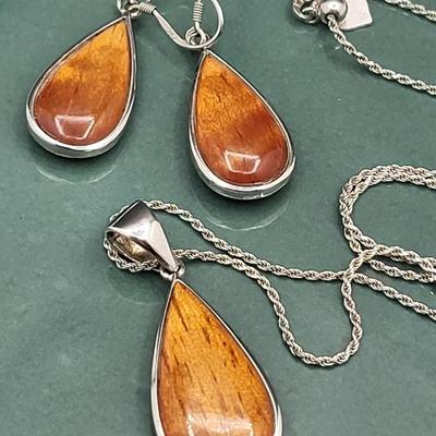 Petrified Wood Sterling Necklace & Earring Set 10.3gr
