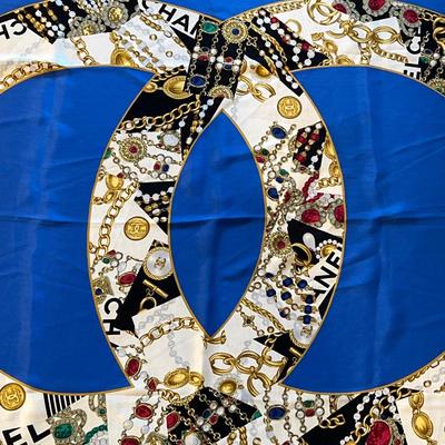 Chanel Blue Logo Vintage Silk Scarf