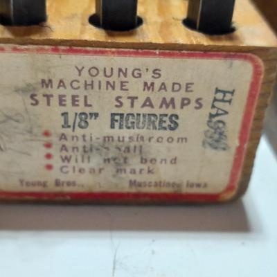 Sets of Machine-made Steel stamps in wooden organizer boxes