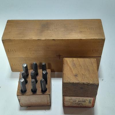 Sets of Machine-made Steel stamps in wooden organizer boxes