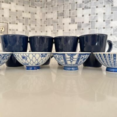 Japanese rice bowls 4 Pottery barn navy blue mugs