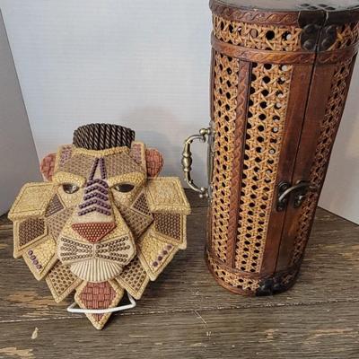 Lions Mask and Wicker Tube Basket