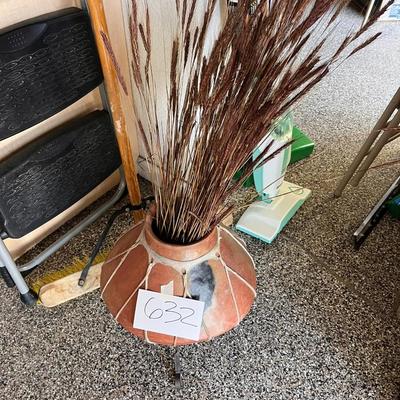 Brown Clay Vase W/Leather Wrapped W/Stand & Fake Barley